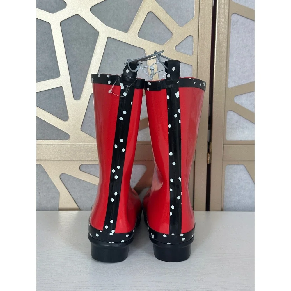 NWT Disney Minnie Mouse Red Polka Dot Rain Boots Womens SZ 10 Waterproof Rubber